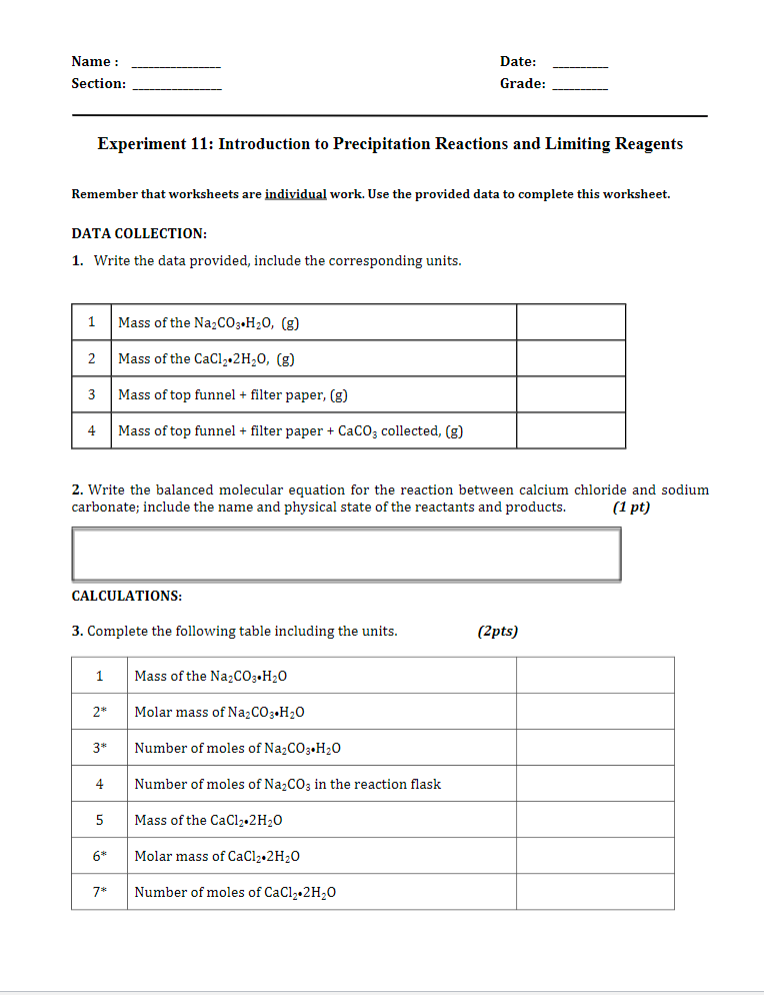 Solved Data for Experiment 11: Introduction to Precipitation | Chegg.com