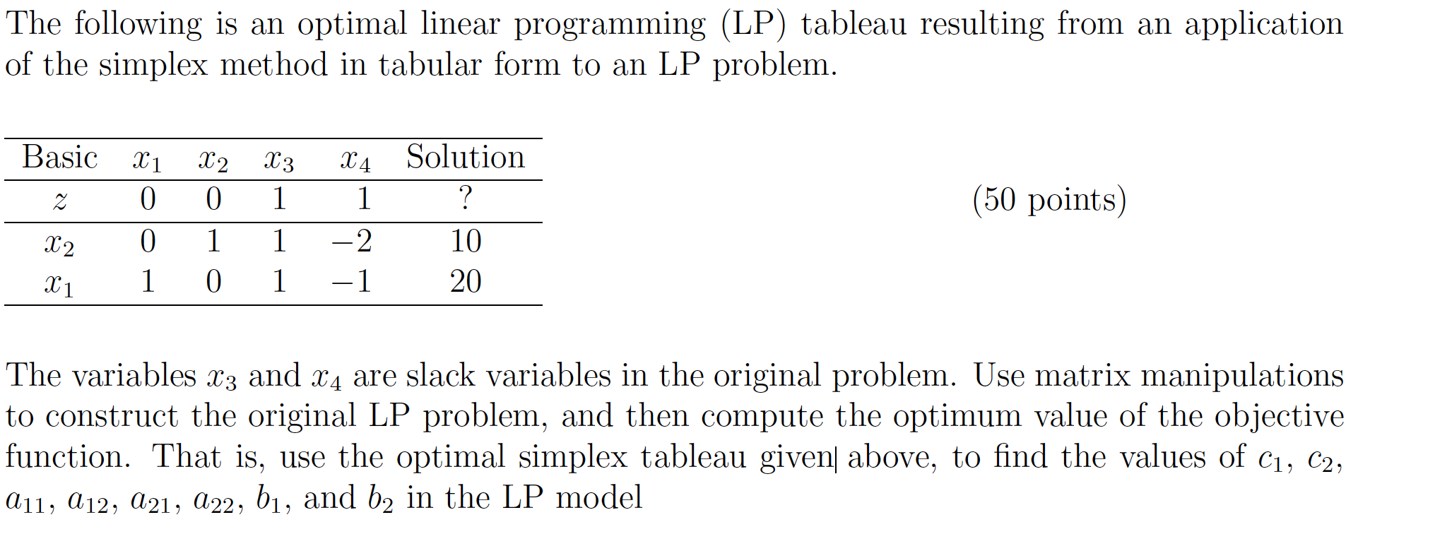 Solved The following is an optimal linear programming (LP) | Chegg.com