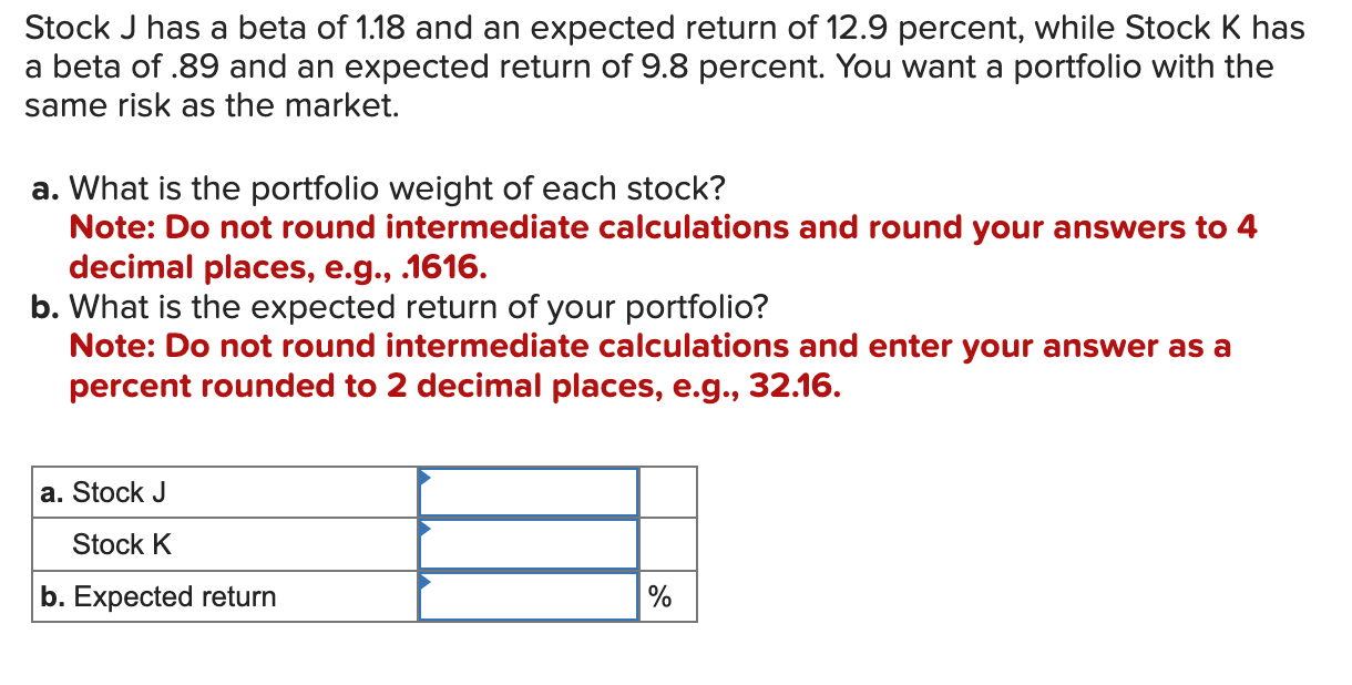 Solved Stock J has a beta of 1.18 and an expected return of