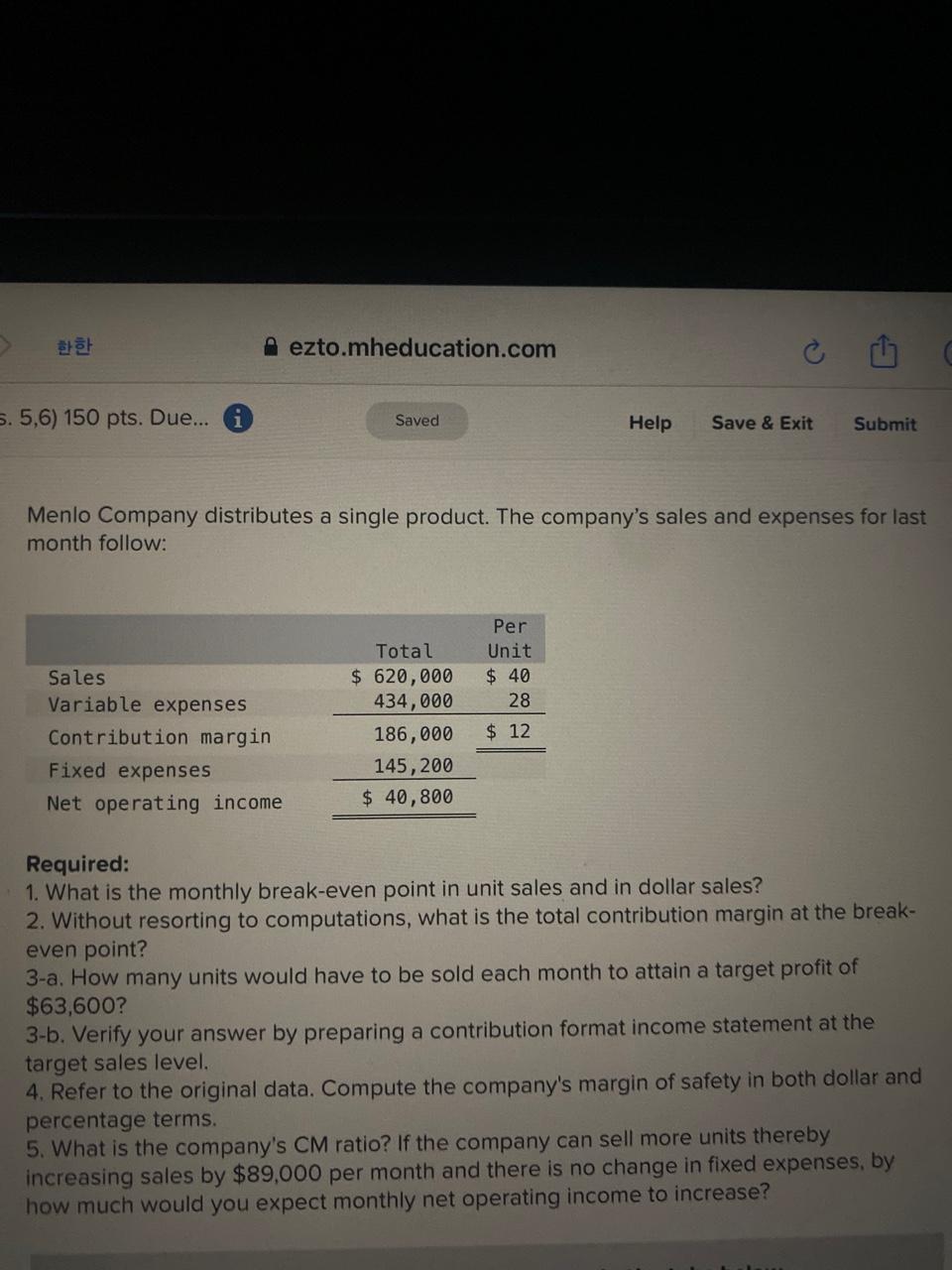 Solved Menlo Company Distributes A Single Product. The | Chegg.com