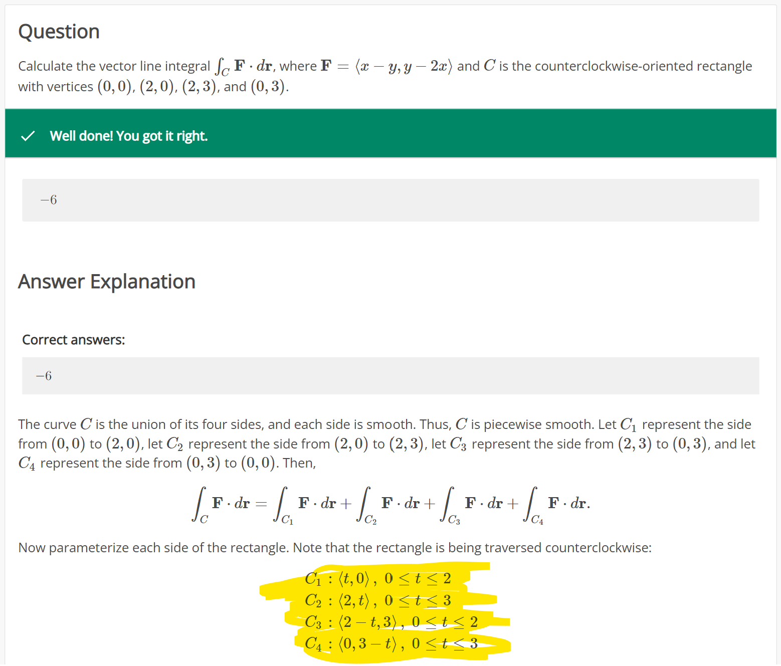Calculate the vector line integral \( \int_{C} \mathbf{F} \cdot d \mathbf{r} \), where \( \mathbf{F}=\langle x-y, y-2 x\rangl