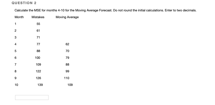 Solved QUESTION 2 Calculate the MSE for months 4-10 for the | Chegg.com