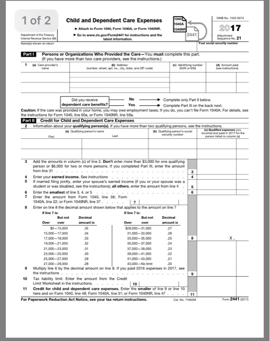 Solved Please use information to fill out 2441 front page of | Chegg.com