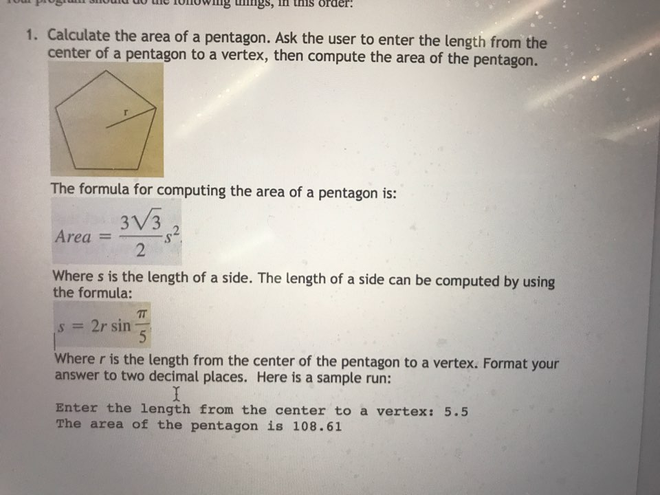 Solved 1. Calculate the area of a pentagon. Ask the user to | Chegg.com