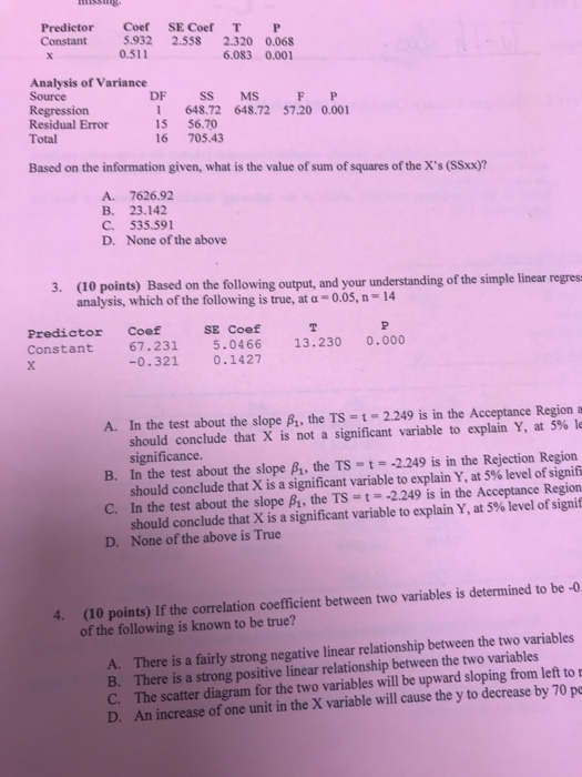 Solved Predictor Coef SE Coef T P Constant5.932 2.558 2.320 | Chegg.com