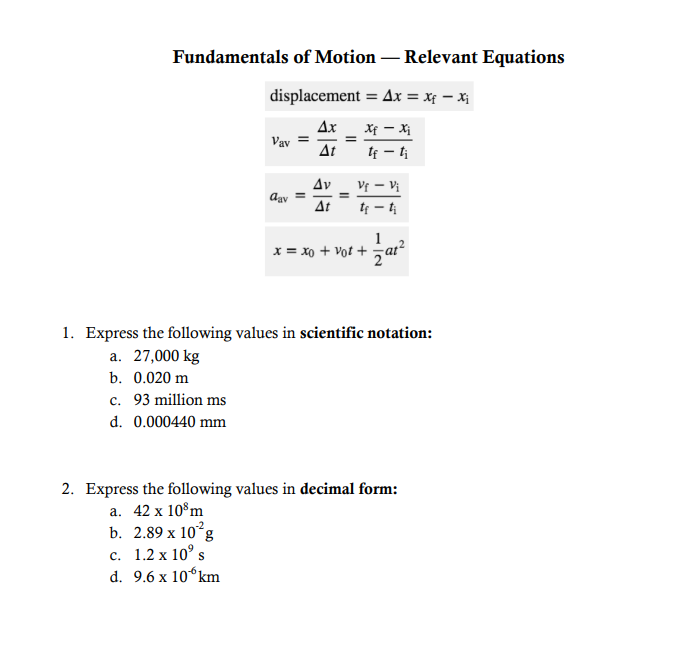 Fundamentals Of Motion Relevant Equations Chegg Com