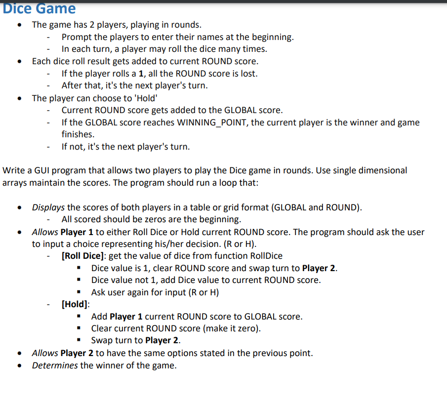 Solved Dice Game C# The GUI has to be made in a Windows Form | Chegg.com