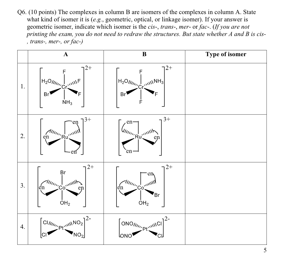 Solved Q6. (10 points) The complexes in column B are isomers | Chegg.com