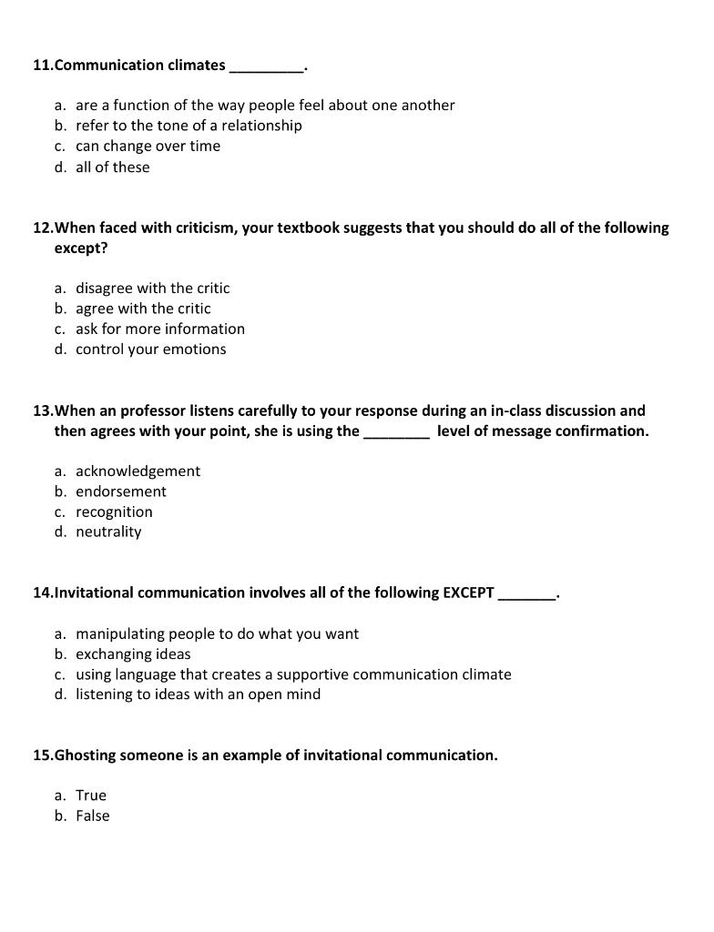 Solved 11. Communication climates a. are a function of the | Chegg.com