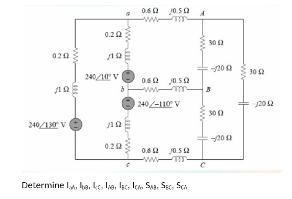 0.2Ω 0.2 Ω ΠΩ 240/10° V ασΩ 10.5Ω Α ασΩ 10.5 Ω J1 Ω 240/130° V J1 Ω 0.2 Ω ασΩ j0.5Ω αλλ -m Determine laA, IbB, Icc, IAB, IBC,