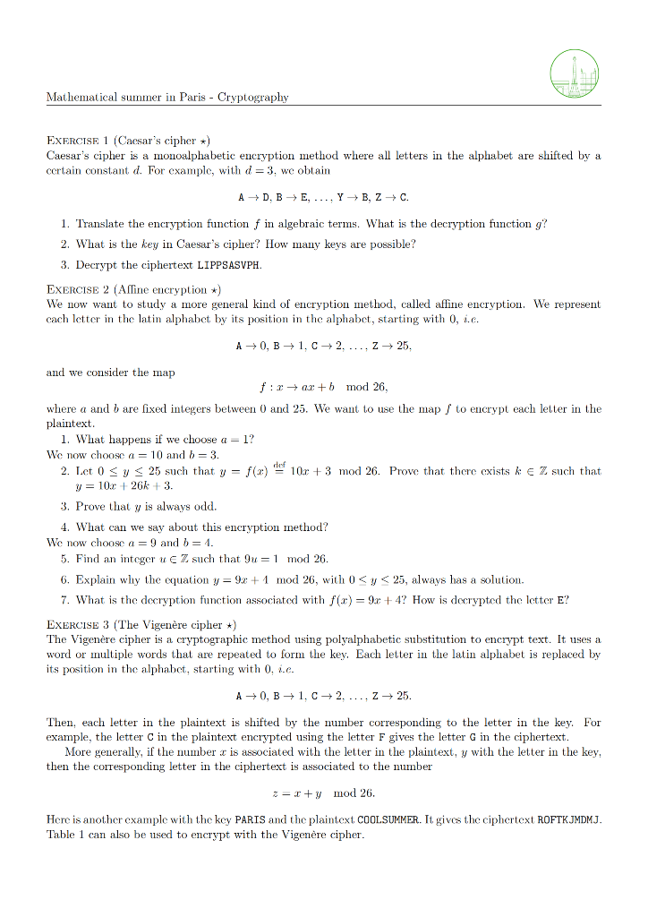 Solved EXERCISE 1 (Caesar's cipher ⋆ ) Caesar's cipher is a | Chegg.com