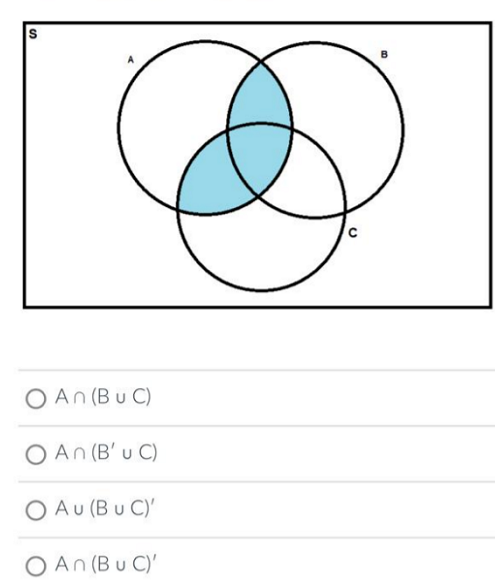 Solved A∩(B∪C) A∩(B′∪C) A∪(B∪C)′ A∩(B∪C)′ | Chegg.com