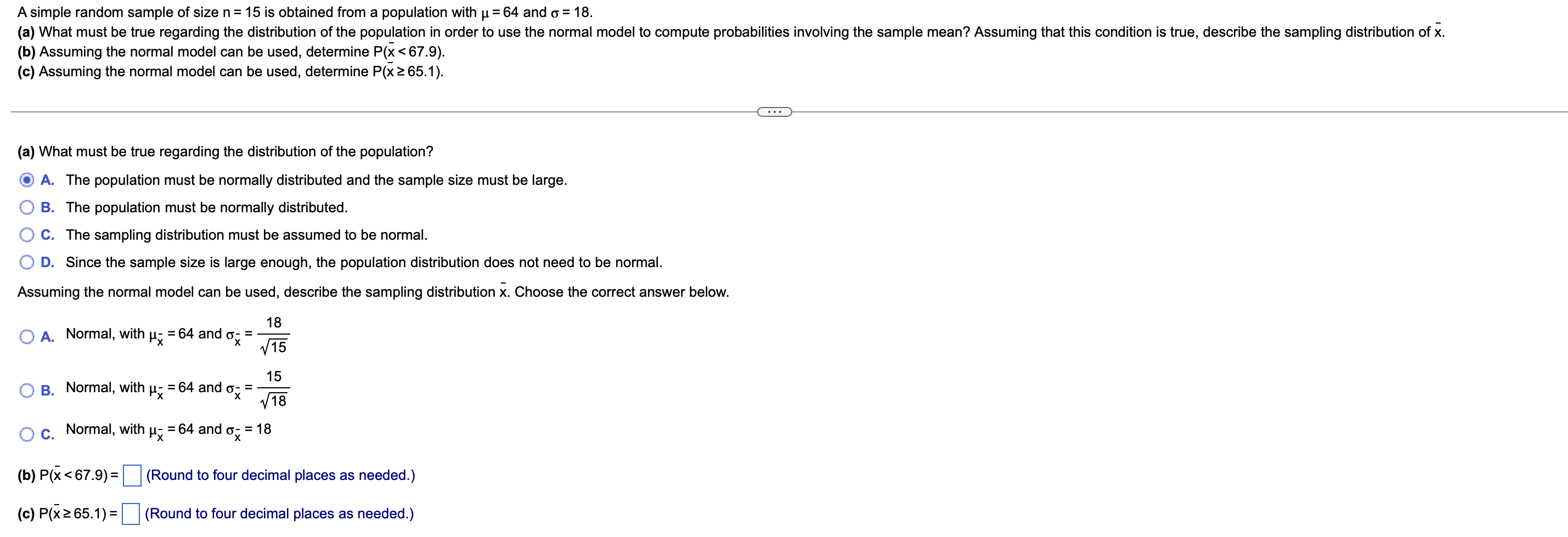 Solved A simple random sample of size n = 15 is obtained | Chegg.com