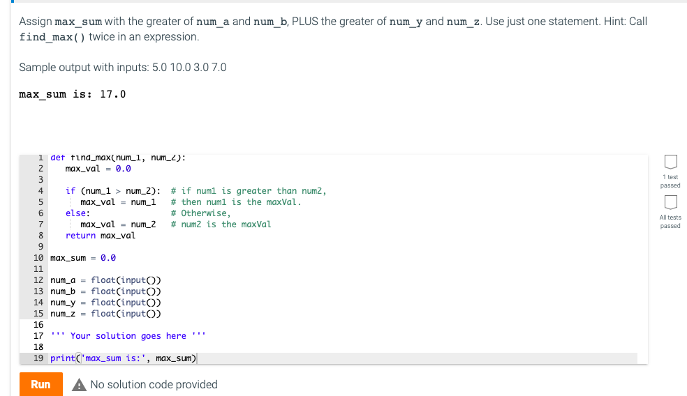 Solved Assign max_sum with the greater of num_a and num_b, | Chegg.com