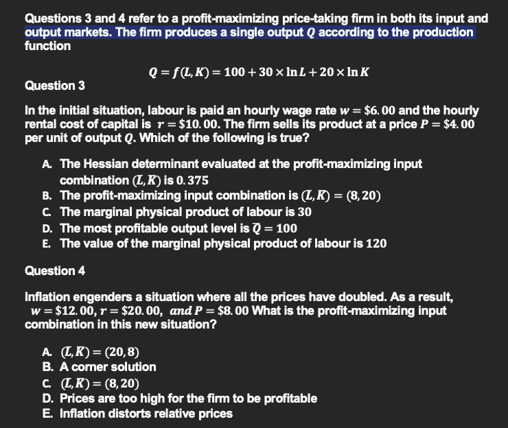 Solved Questions 3 And 4 Refer To A Profit-maximizing | Chegg.com