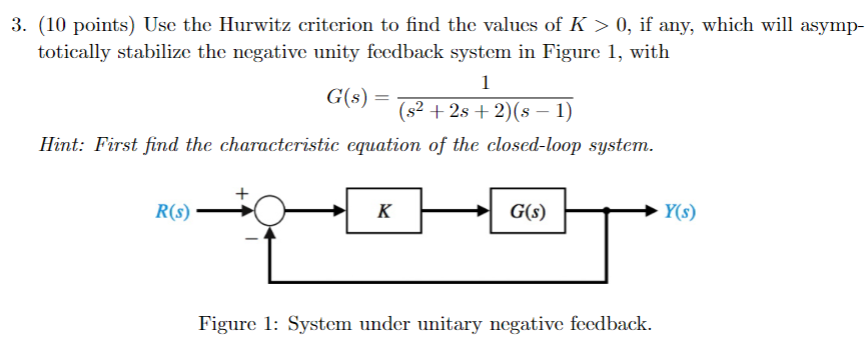 Solved 3. (10 points) Use the Hurwitz criterion to find the | Chegg.com