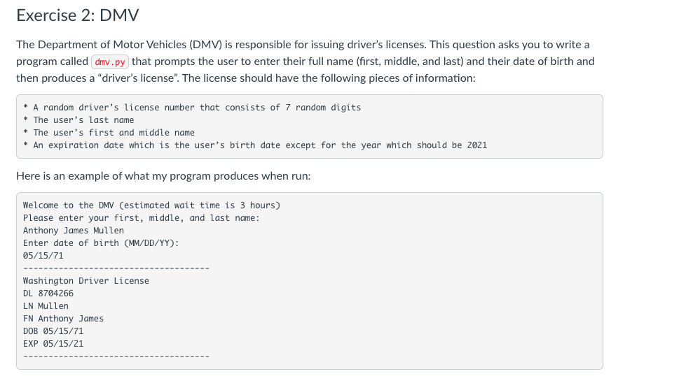 Solved Exercise 2: DMV The Department of Motor Vehicles | Chegg.com