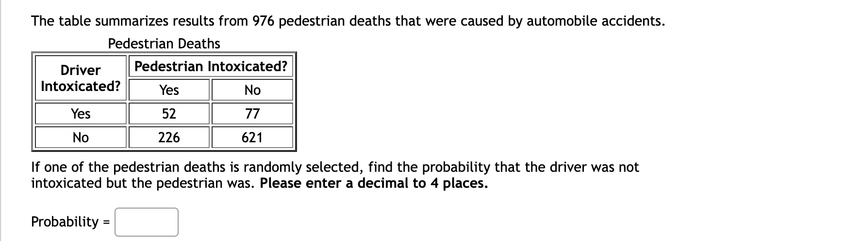 Solved The table summarizes results from 976 pedestrian | Chegg.com