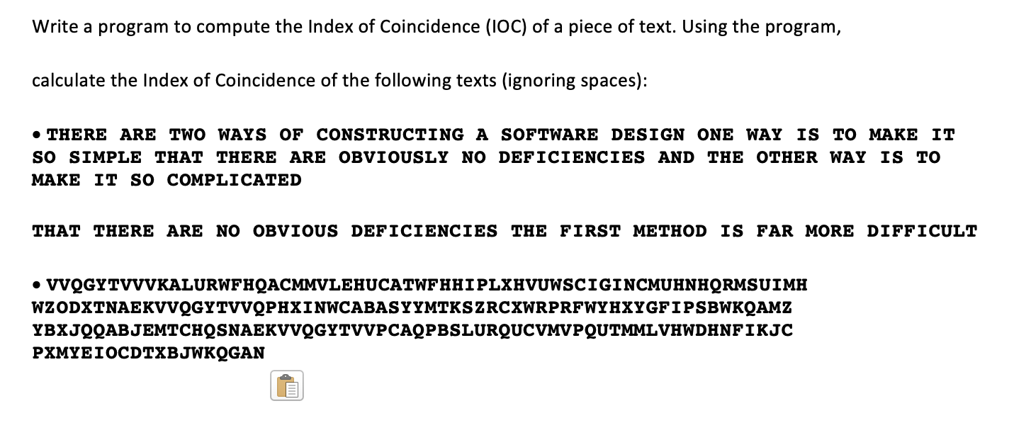 Solved Write a program to compute the Index of Coincidence | Chegg.com