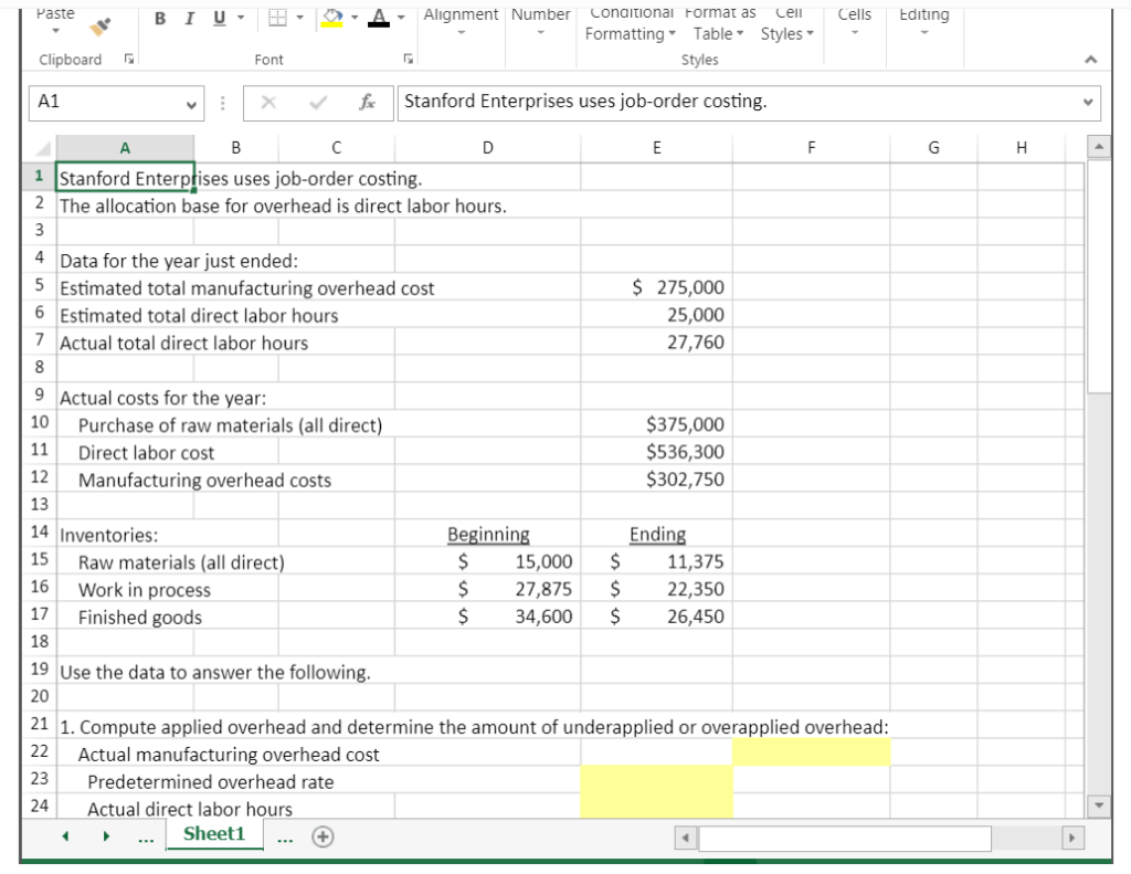 Solved Stanford Enterprises has provided its manufacturing | Chegg.com