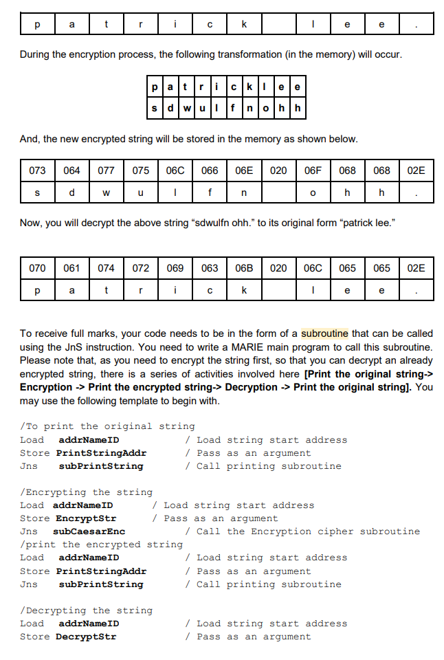 2.1 Write a MARIE program to encode your name and ID | Chegg.com