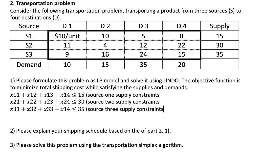 Solved 2. Transportation problem Consider the following | Chegg.com