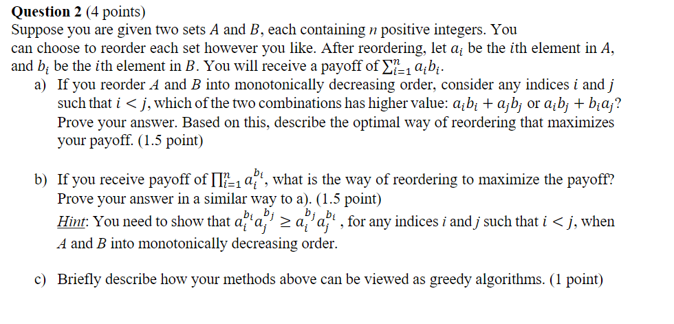 Solved Question 2 (4 points) Suppose you are given two sets | Chegg.com