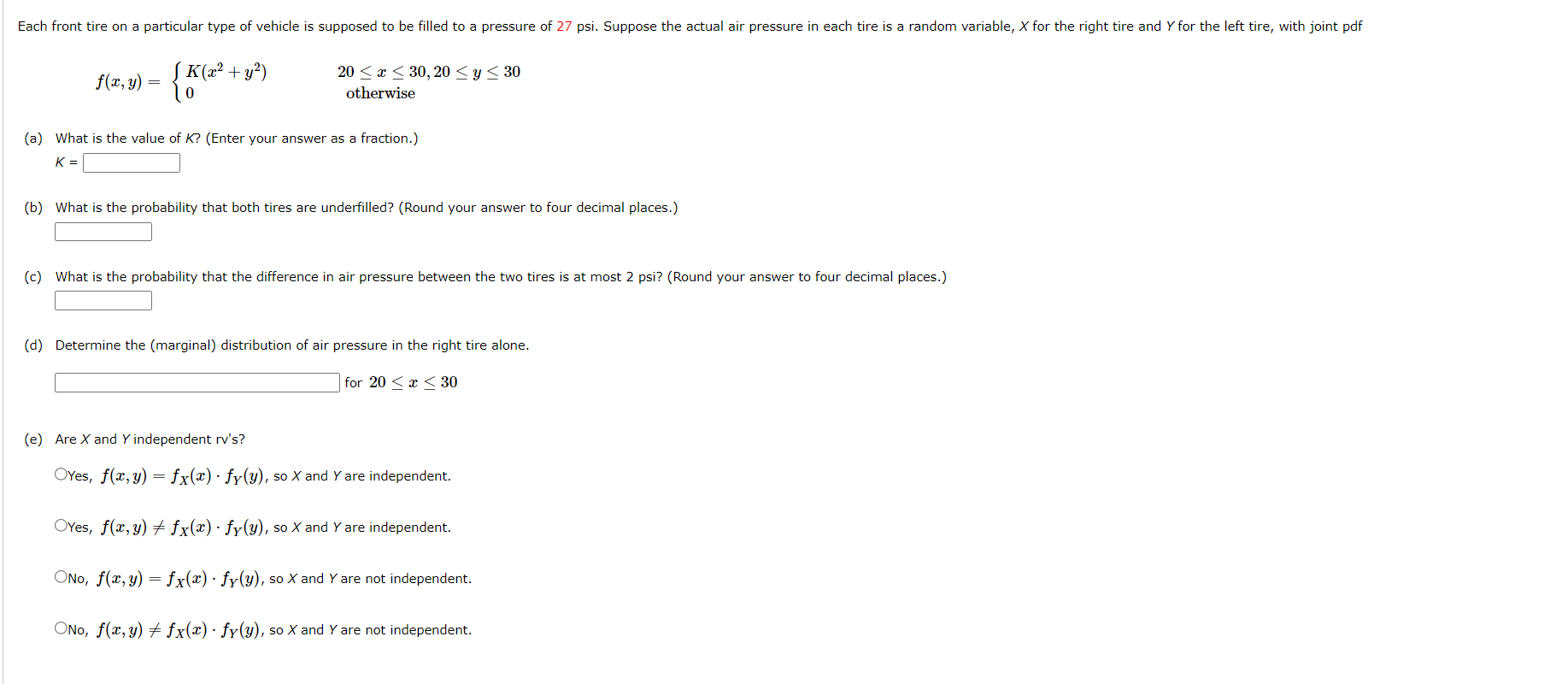 Solved f(x,y)={K(x2+y2)020≤x≤30,20≤y≤30 otherwise (a) What | Chegg.com