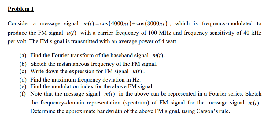 Solved Problem 1 Consider a message signal m(t) = | Chegg.com