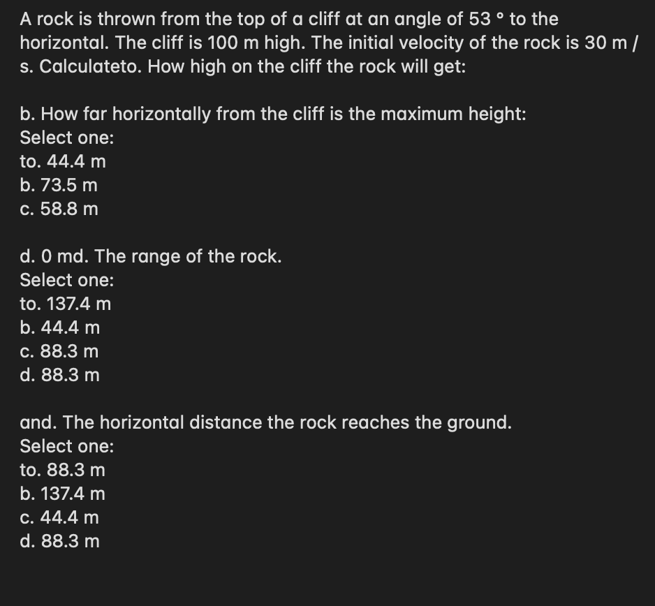 Solved A rock is thrown from the top of a cliff at an angle | Chegg.com