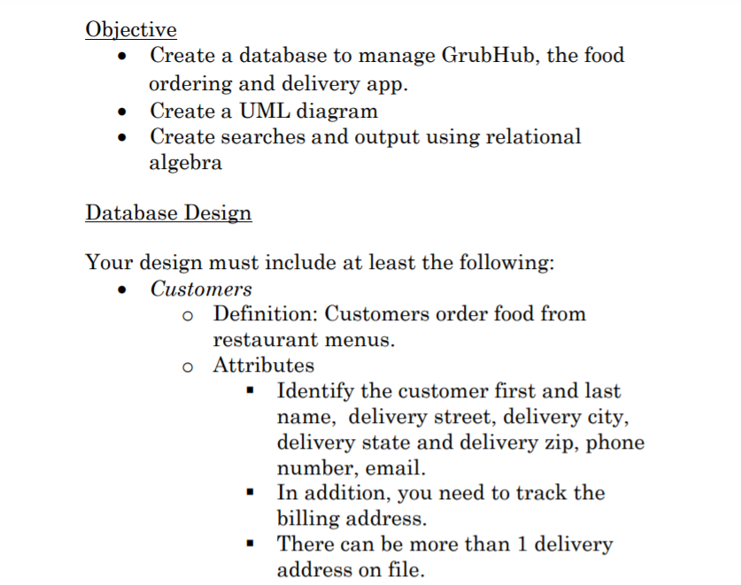 Objective Create A Database To Manage Grubhub The Chegg Com