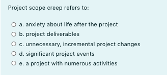 Solved Project scope creep refers to: a. anxiety about life | Chegg.com