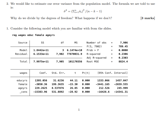Solved 2. We would like to estimate our error variance from | Chegg.com