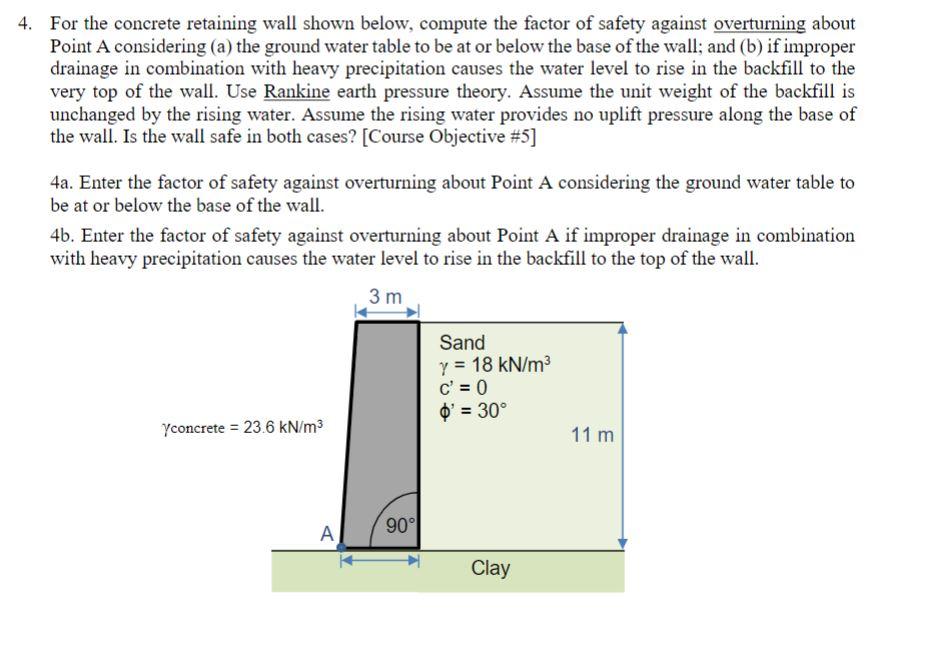 Solved For the concrete retaining wall shown below, compute | Chegg.com