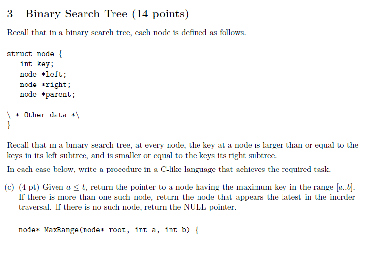 Solved 3 Binary Search Tree (14 points) Recall that in a | Chegg.com