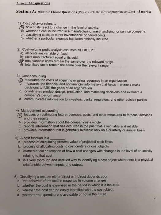 Solved Section A: Multiple Choice Questions (Please circle | Chegg.com