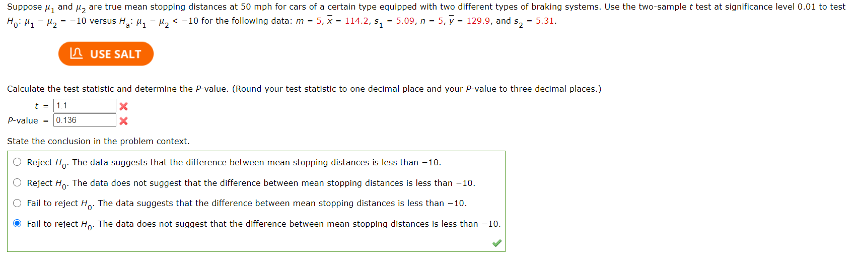 Solved Suppose ui and uz are true mean stopping distances at | Chegg.com