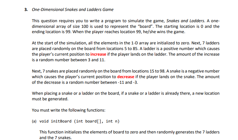 Solved One-Dimensional Snakes and Ladders Game This question | Chegg.com