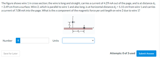 The figure shows wire 1 in cross section; the wire is long and straight, carries a current of \( 4.29 \mathrm{~mA} \) out of 