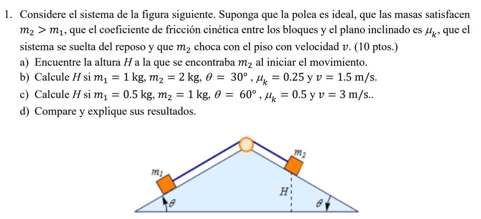 1. Considere el sistema de la figura siguiente. Suponga que la polea es ideal, que las masas satisfacen \( m_{2}>m_{1} \), qu