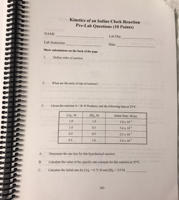 Solved of an Iodine Clock Reaction PreLab