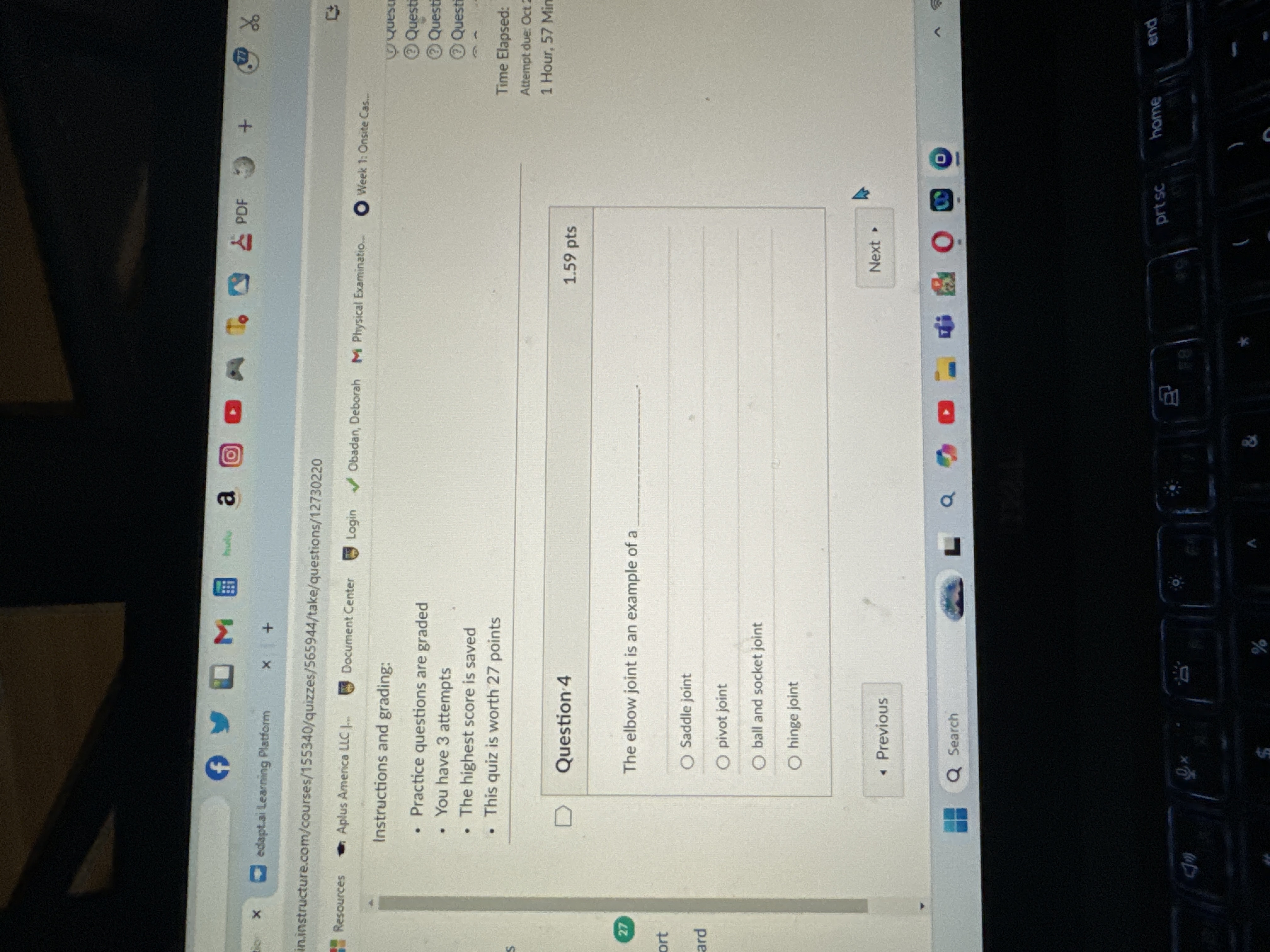 Solved Question 4The elbow joint is an example of a Saddle