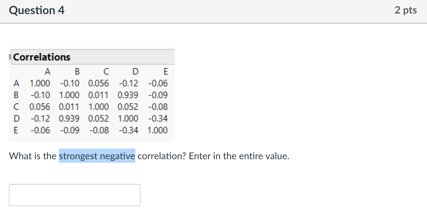 Solved Question 4 2 Pts 1 Correlations A B C D E A 1.000 | Chegg.com