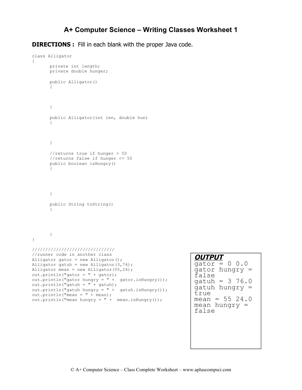 Solved A+ ﻿Computer Science - ﻿Writing Classes Worksheet | Chegg.com