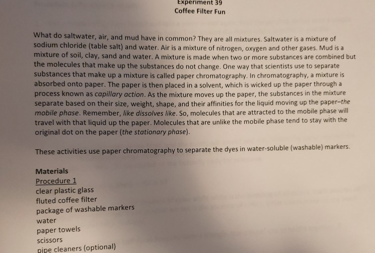 Solved Experiment 39 Coffee Filter Fun What Do Saltwater Chegg