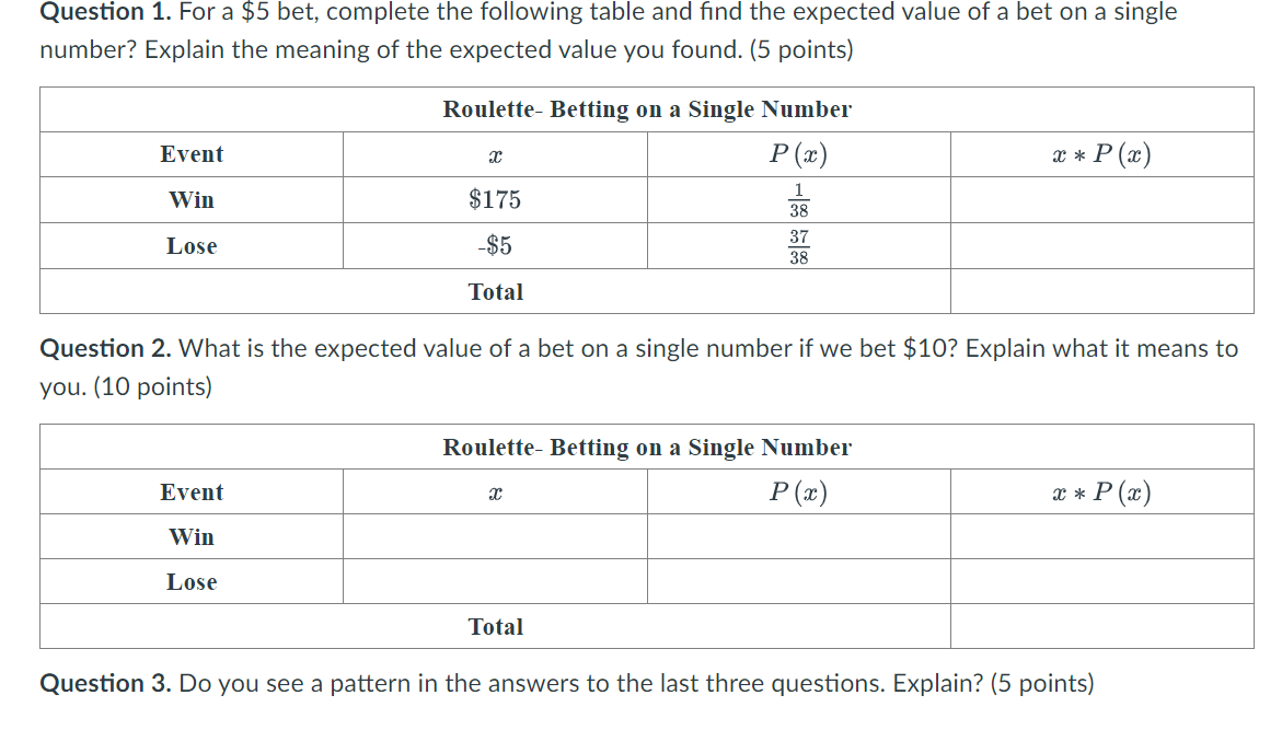 Solved Question 1. For a $5 bet, complete the following | Chegg.com