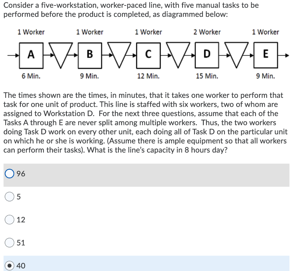 Solved Consider a five-workstation, worker-paced line, with | Chegg.com