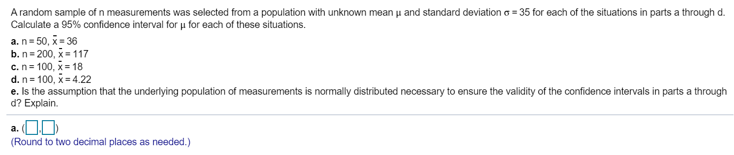 Solved A random sample of n measurements was selected from a | Chegg.com