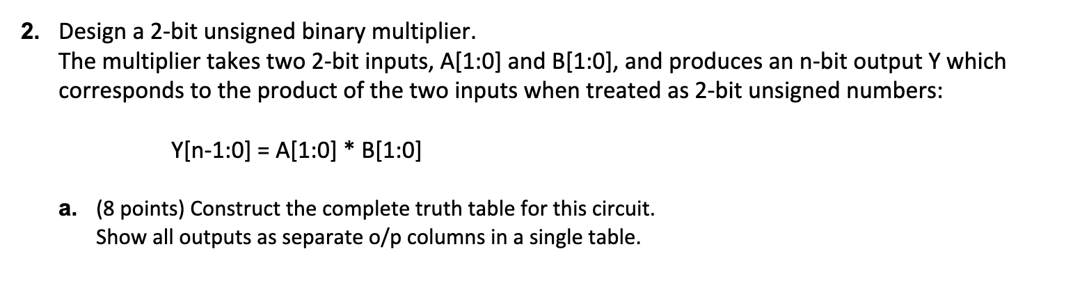 Solved 2. Design a 2-bit unsigned binary multiplier. The | Chegg.com