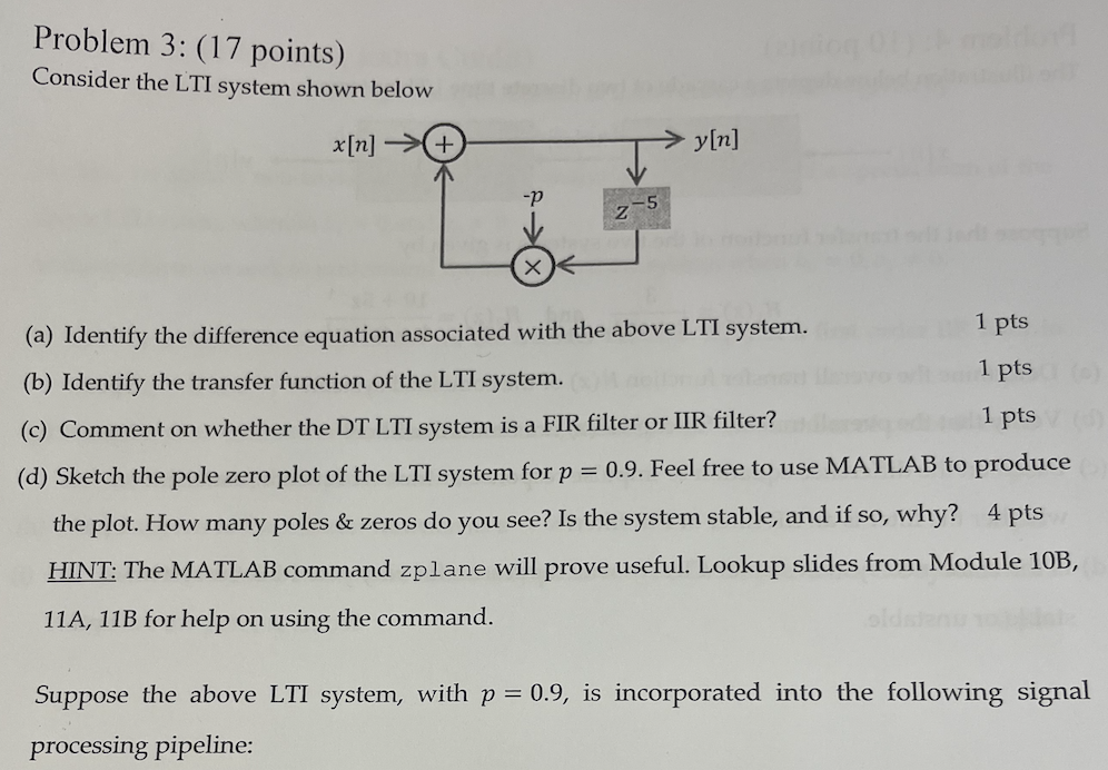 Solved Problem 3: (17 points) Consider the LTI system shown | Chegg.com